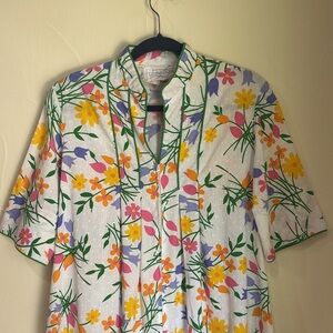 LOUNGEES Vintage Floral 70s House Dress Robe Caftan Half Zip Maxi Length Pockets